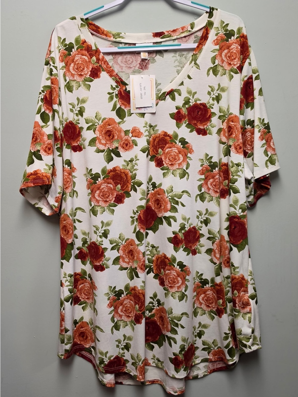 LuLaRoe Cream Short Sleeve V-Neck Top with Rust Rose Floral